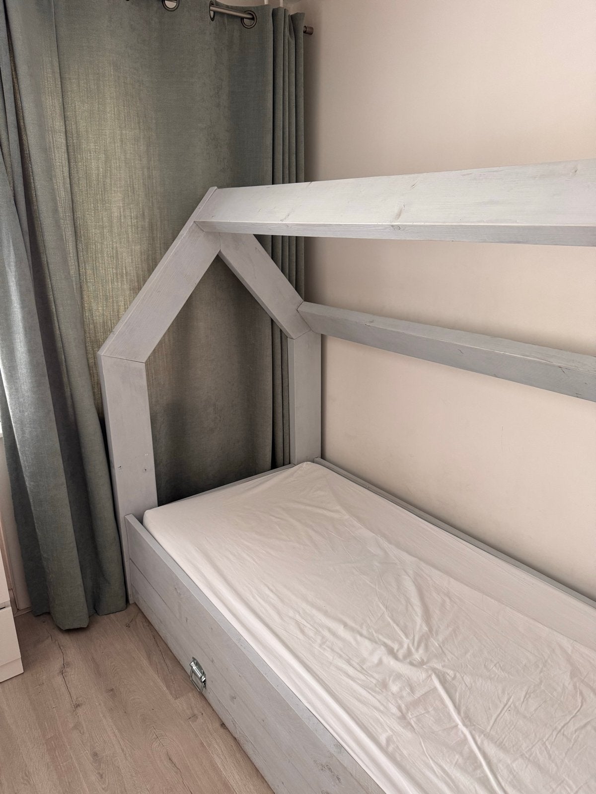 Steigerhouten huisbed 90x200 met lade en matras, Ophalen, 90 cm, Eenpersoons, Steigerhout