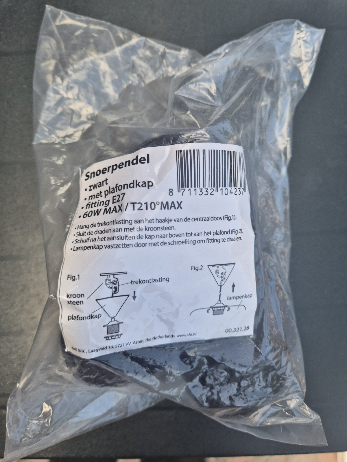Snoerpendel zwart met plafondkap E27 60W MAX ongebruikt, Ophalen, Overige merken, Kunststof, Zwart
