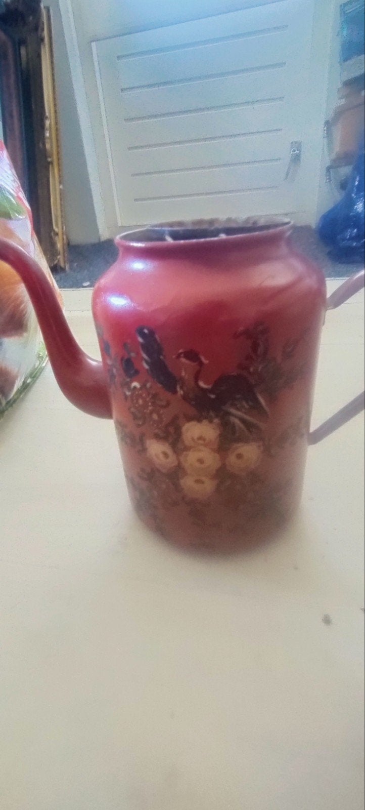 Vintage rode emaille koffiepot handgeschilderd met fi, Ophalen of Verzenden