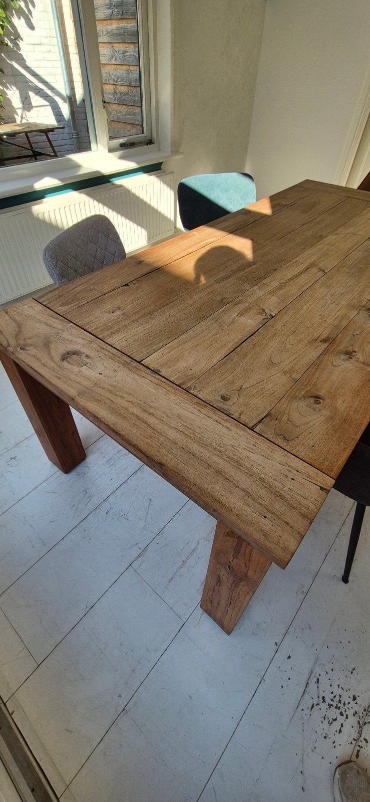 Mooie ruime eettafel handgemaakt teakhout ! 220 x 100, Ophalen, Teakhout, 200 cm of meer, 50 tot 100 cm