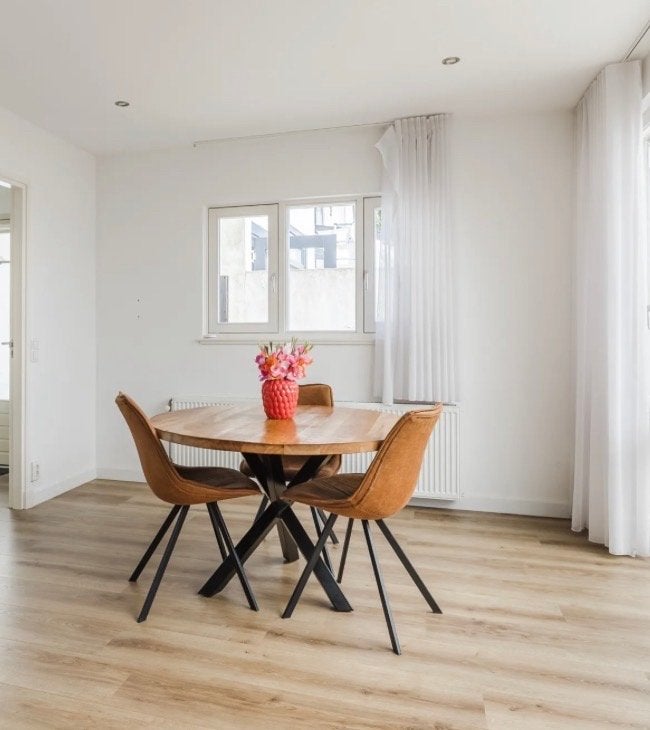Ronde eettafel van Manga hout (120 cm) met stoelen, Ophalen, Gebruikt, 100 tot 150 cm, Rond