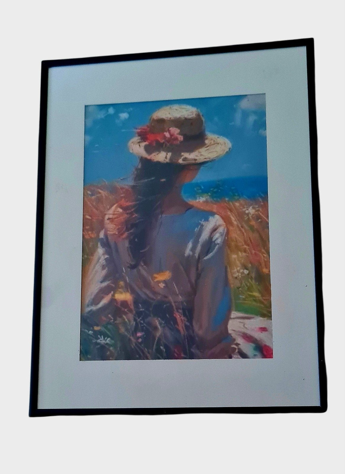 Schilderij: Vrouw met hoed aan zee, ingelijst, Figuren, Ophalen of Verzenden, Olieverf, Overige materialen