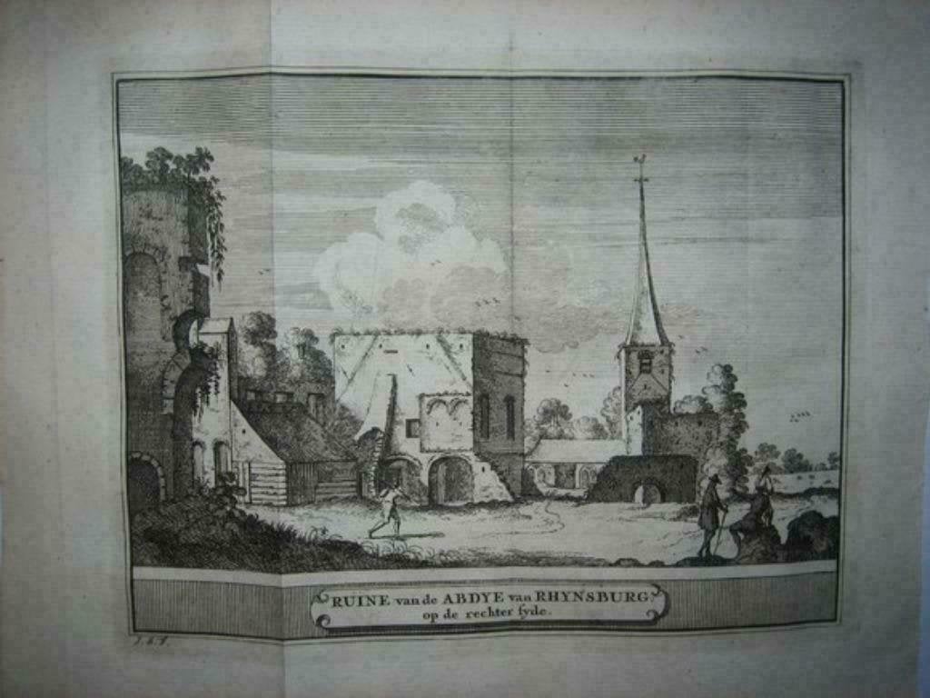 47  / Rijnsburg Ruïne van de Abdij   Kopergravure 1736, Antiek en Kunst, Ophalen of Verzenden