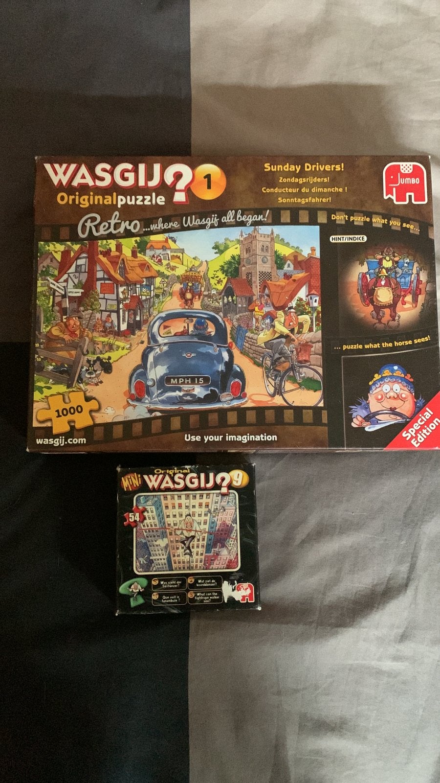 Wasgij Original 1 Retro Sunday Drivers + Mini Wasgij 9, Ophalen of Verzenden, 500 t/m 1500 stukjes, Gebruikt, Legpuzzel