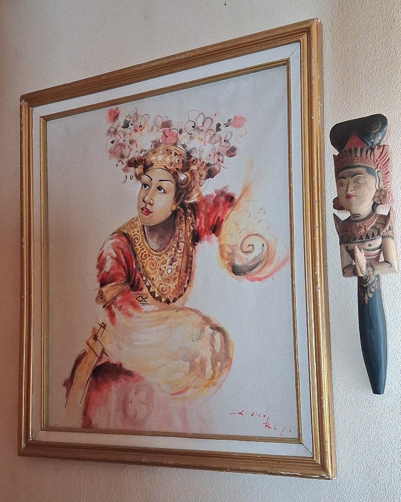 Bali Schilderij gesigneerd Sila Vintage / Kris Wayang Topeng, Ophalen, 88 cm, Indonesië, Geschilderd
