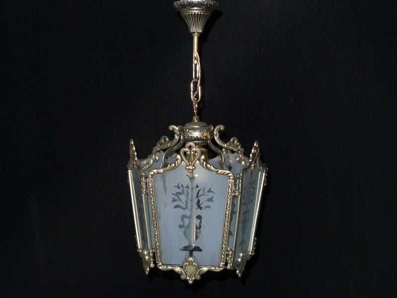 Oude lantaarn met zilver vernikkeld frame en 5 facetgeslepen, Ophalen of Verzenden, Gebruikt, E27 (groot)