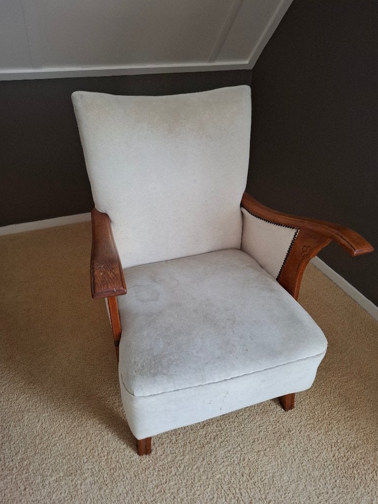 Vintage fauteuil met houten armleuningen, Antiek en Kunst, Ophalen