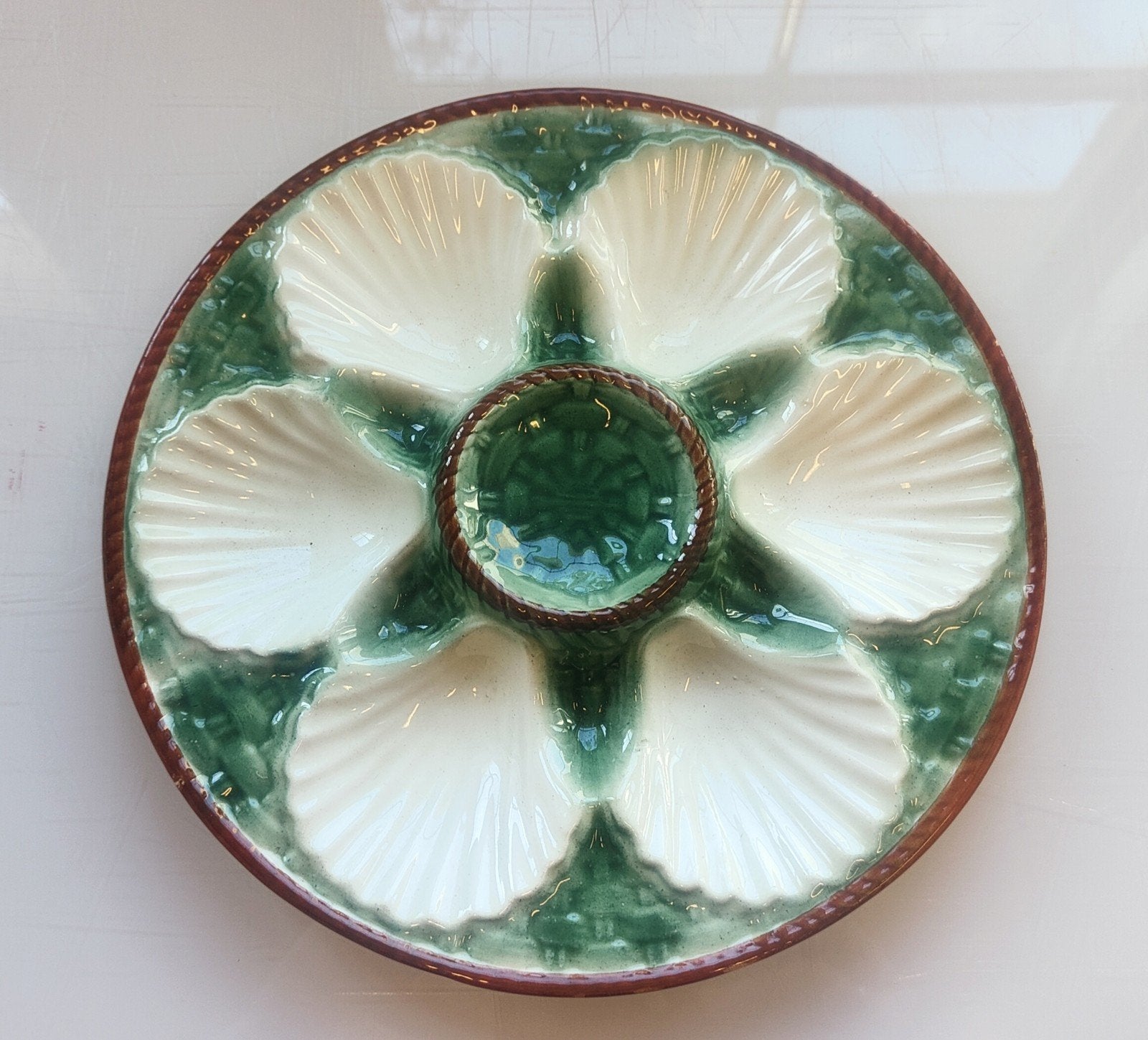 Set van 4 Vintage Oesterschalen - Groen en Wit Keramiek, Ophalen of Verzenden