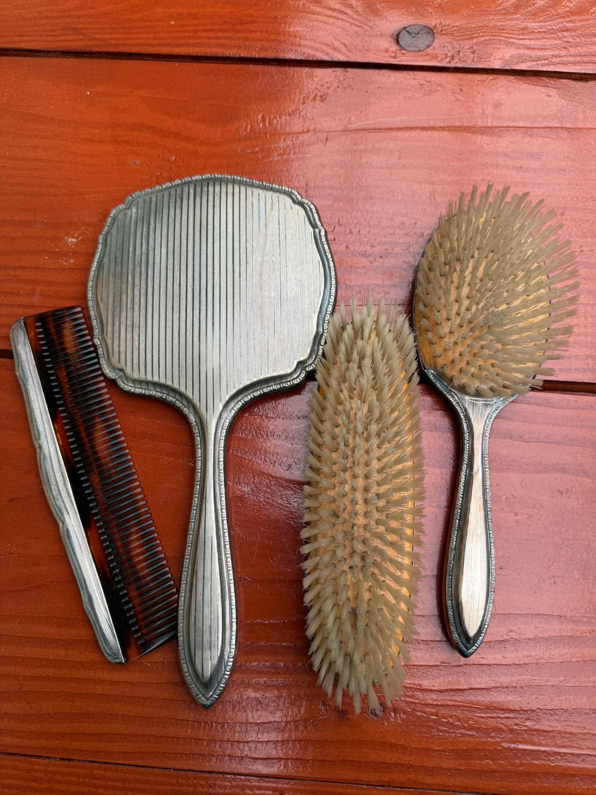 Verzilverde antieke set Gero Spiegel Haar en Borstel, Ophalen of Verzenden, Rechthoekig, Minder dan 50 cm