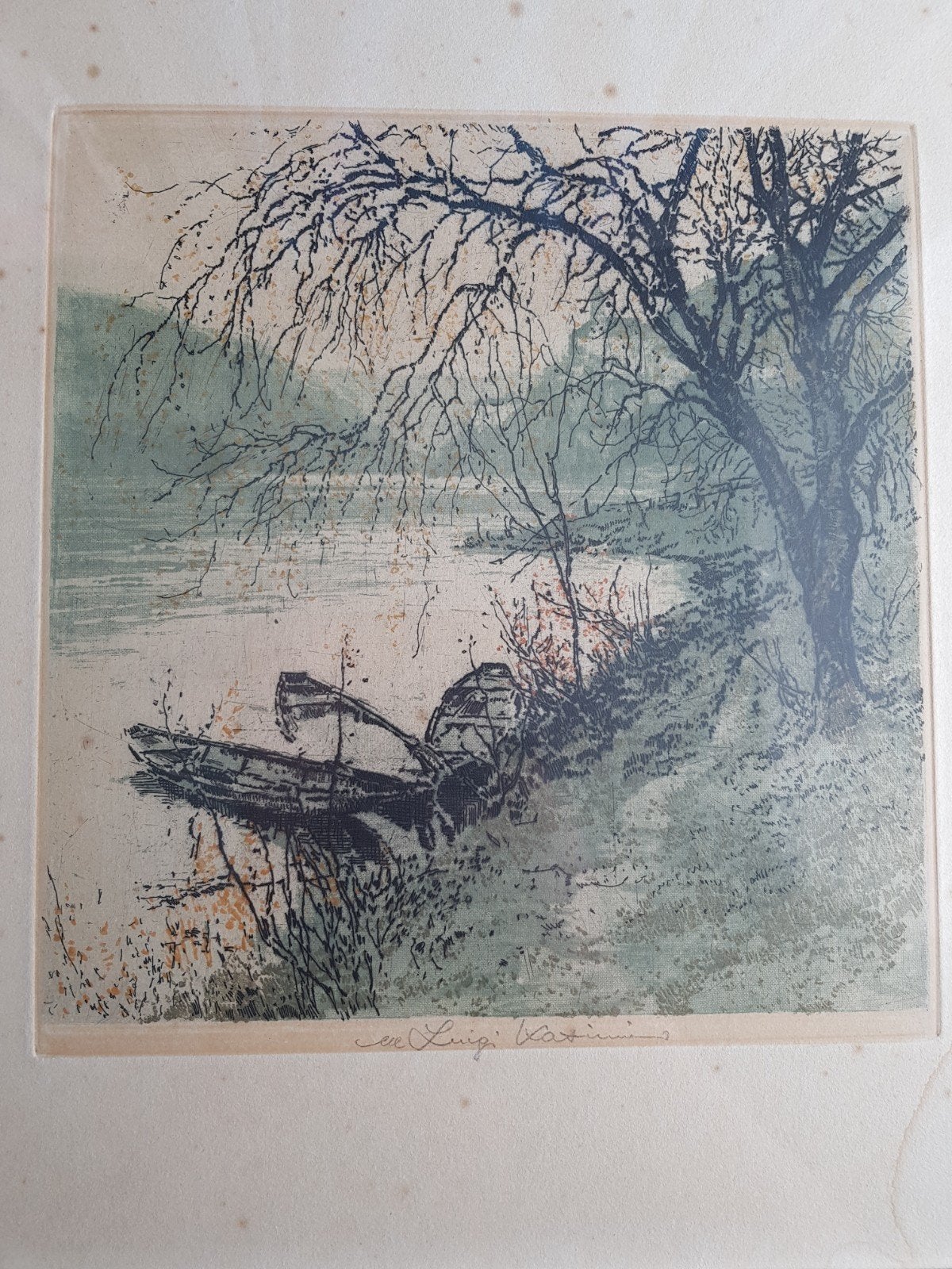 Luigi Kasimir – gesigneerde grafiek – riviergezicht met boot, Ophalen, 1800 - 1899, Overige technieken, Gesigneerd