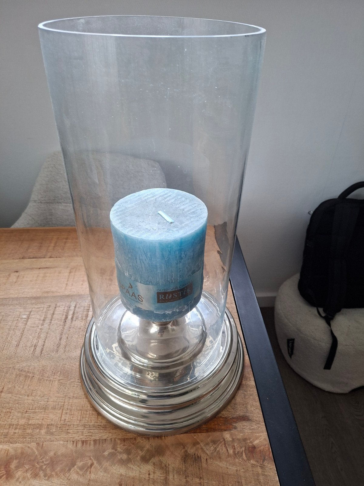 Zilverkleurig Windlicht met Glazen Stolp en Blauwe Kaars, Ophalen, Windlicht, Gebruikt, Glas