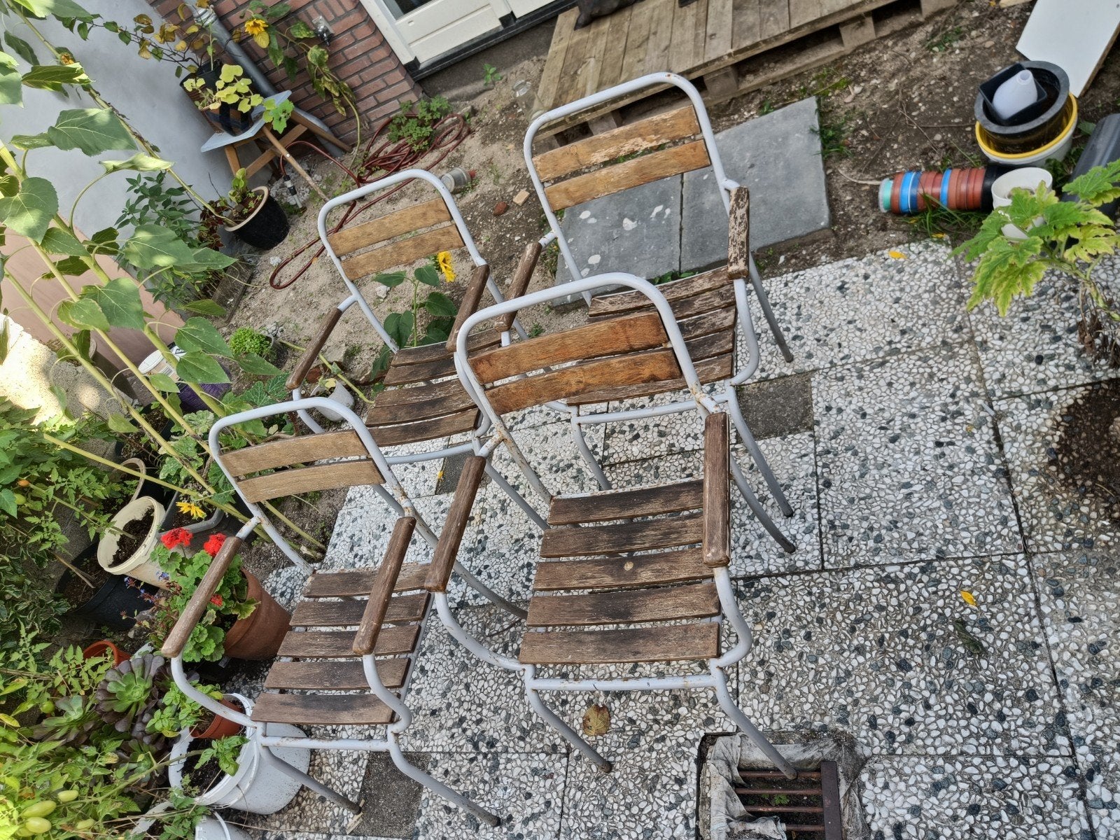 4 Stapelbare tuinstoelen, Tuin en Terras, Ophalen, Gebruikt, Hout, Stapelbaar