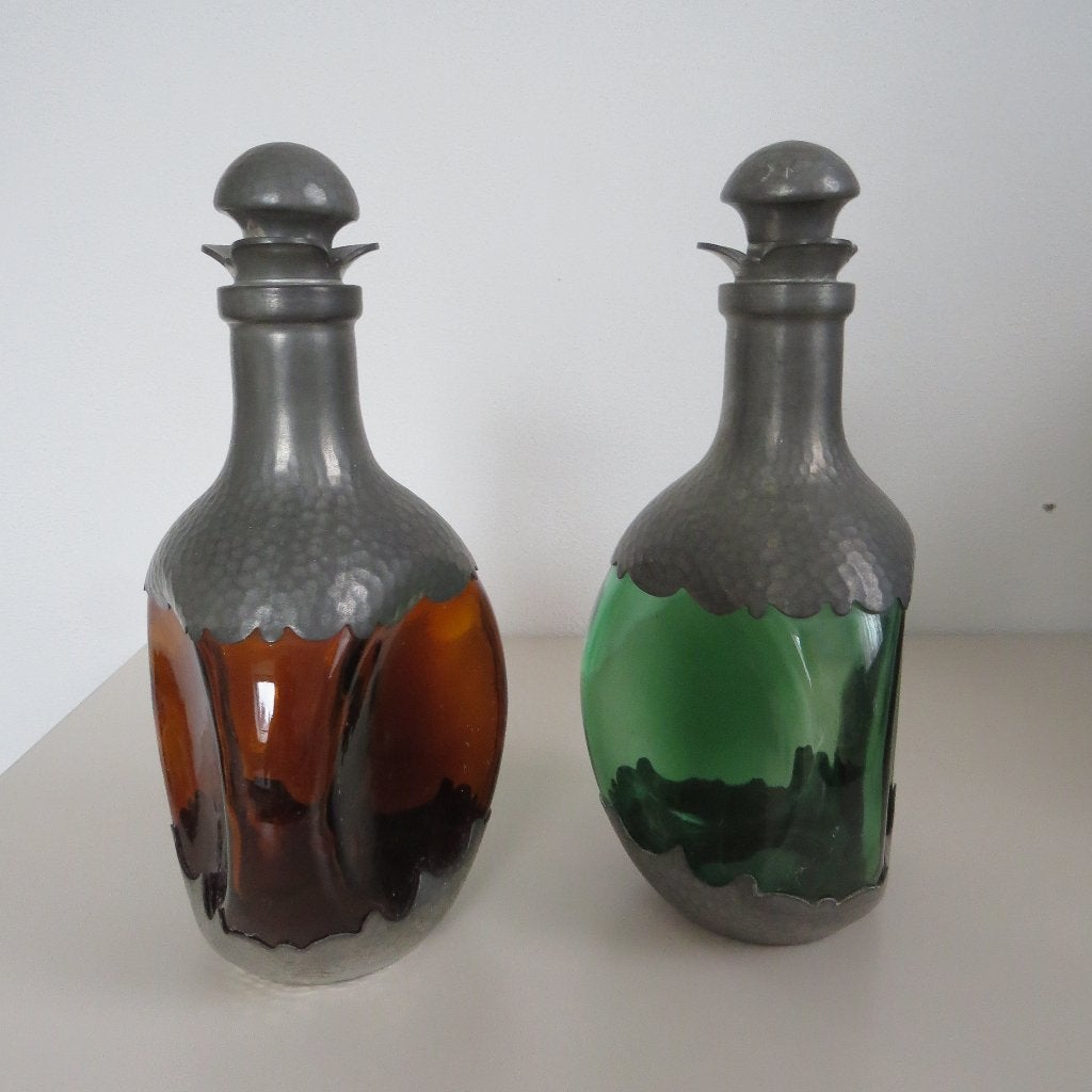 2 Whisky flessen tin beslag Daalderop groen/bruin., Antiek en Kunst, Ophalen of Verzenden