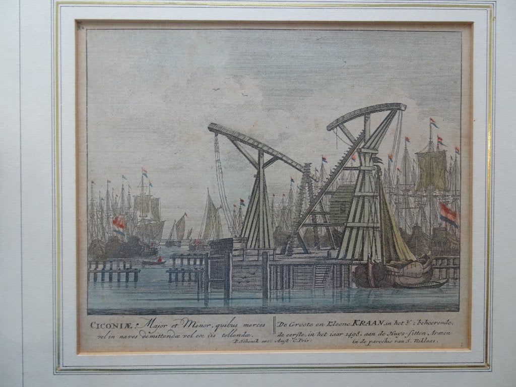 gravure 2 kranen IJ te Amsterdam Schreierstoren Schenk 1700, Verzenden, Stadsgezicht, Ingelijst, Gravure