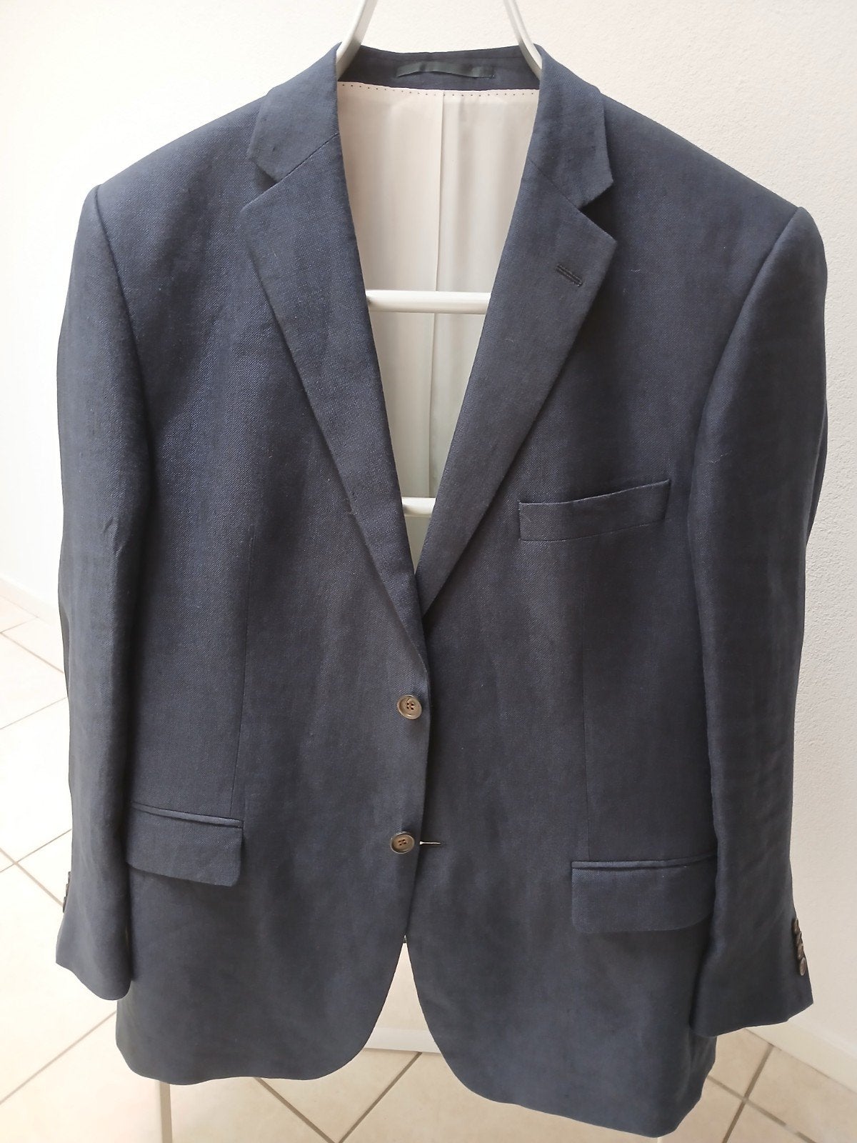Te koop: Colbert, linnen, donker blauw,  mt 54, Ophalen of Verzenden, Zo goed als nieuw, Maat 52/54 (L), Blauw