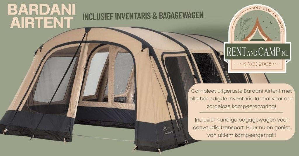 Te huur air en tunneltenten incl. inventaris en bagagewagen.