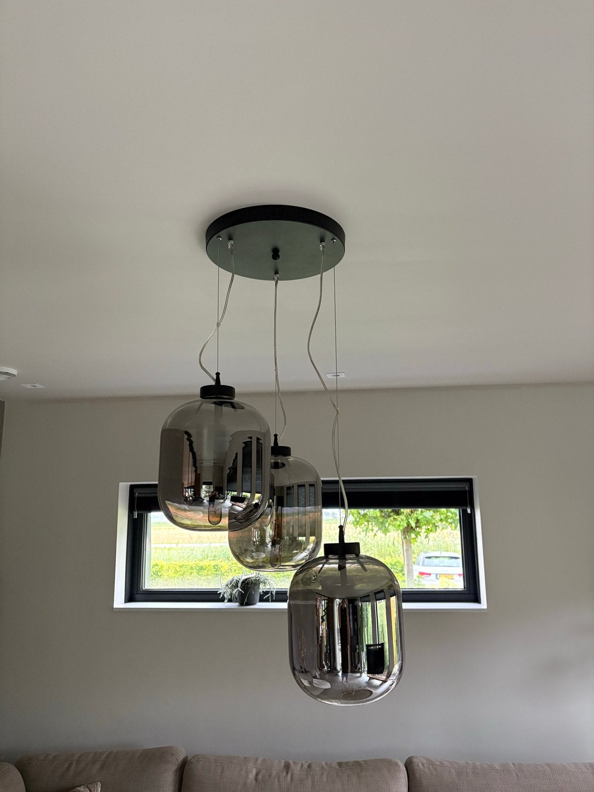 Moderne hanglamp met 3 rookglazen kappen, Ophalen, E27 (groot), Modern, Glas