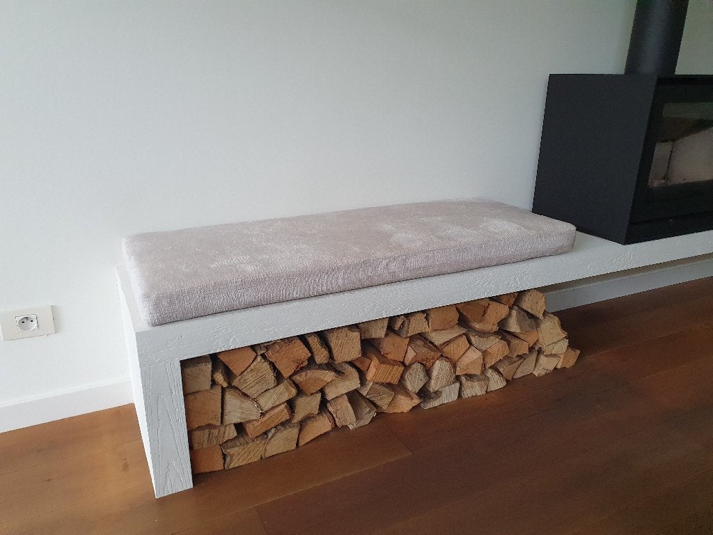 Bouclé ecru zitkussen op maat, Ophalen of Verzenden, Nieuw, Beige, Rechthoekig