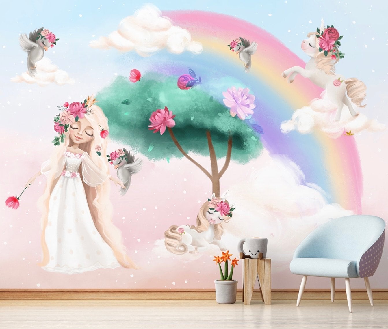 Tapeko Fotobehang: Meisje met Bloemen en Regenboog, Bloemen, Overige merken, Ophalen of Verzenden, Roze