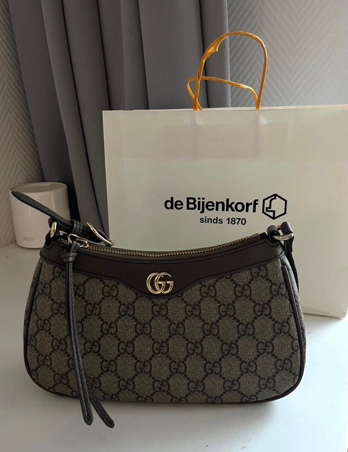 Gucci Ophidia GG Mini Schoudertasje, Ophalen, Zo goed als nieuw, Bruin, Schoudertasje