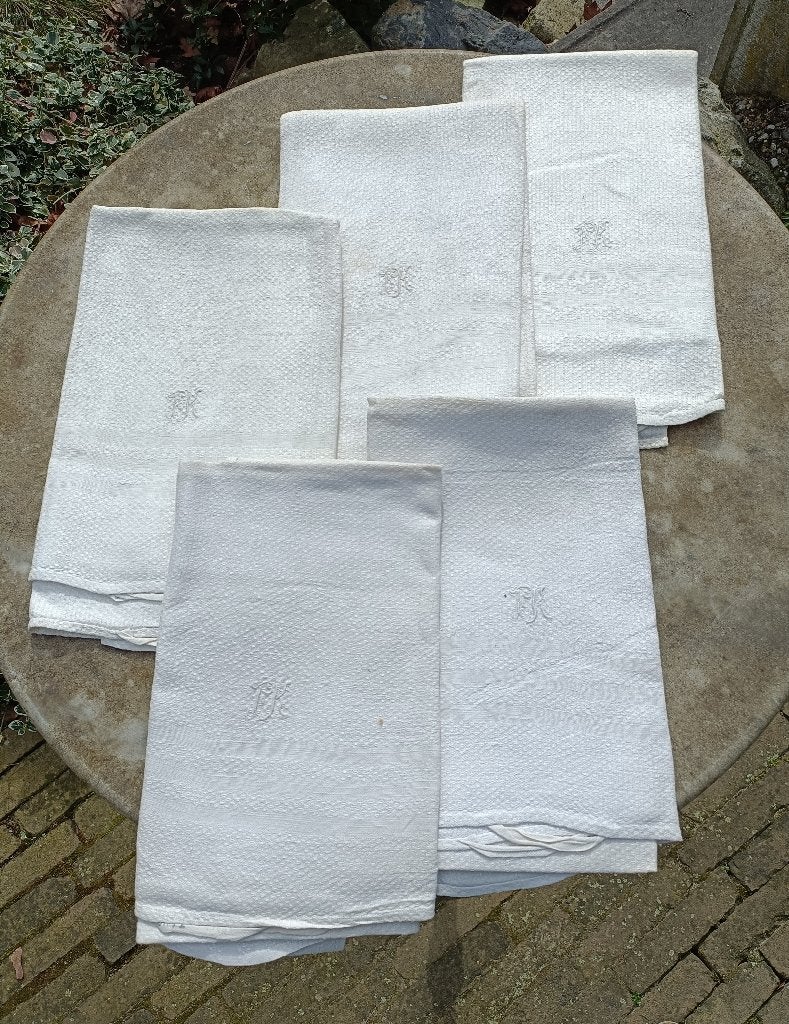 Antieke linnen mangeldoek roldoek monogram FK 107x46 (BT8), Ophalen of Verzenden, Gebruikt, Theedoek of Handdoek