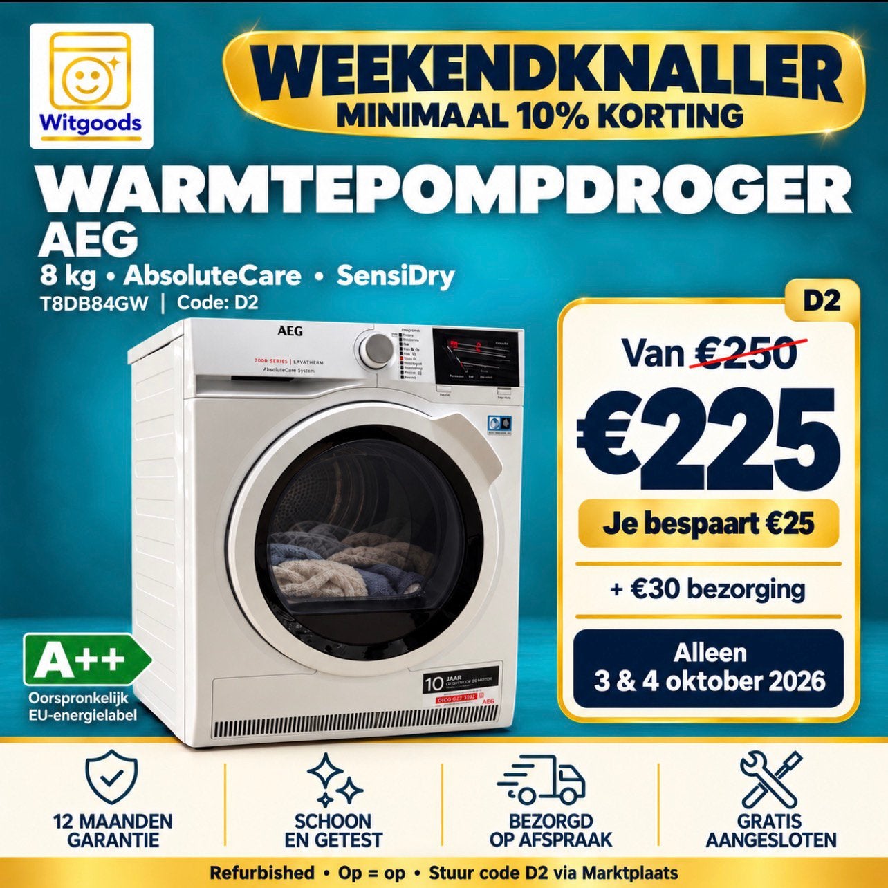 ✅ZUINIG ! AEG 8kg A++ Warmtepompdroger | 12 maanden GARANTIE