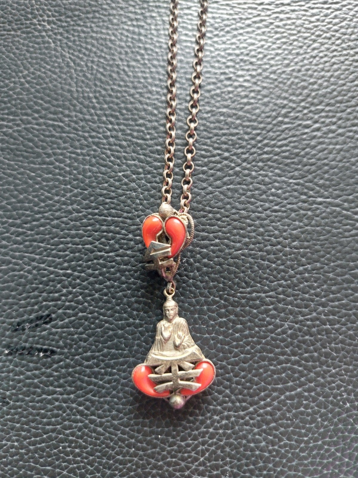 Vintage ketting met Boeddha hanger en koraal, Met hanger, Gebruikt, Ophalen of Verzenden, Zilver