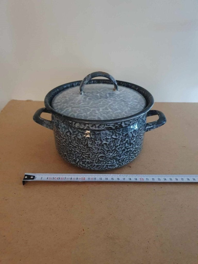Oude grijs gewolkte emaille pan,igst,hazeblauw,hazegrijs, Antiek en Kunst, Ophalen of Verzenden