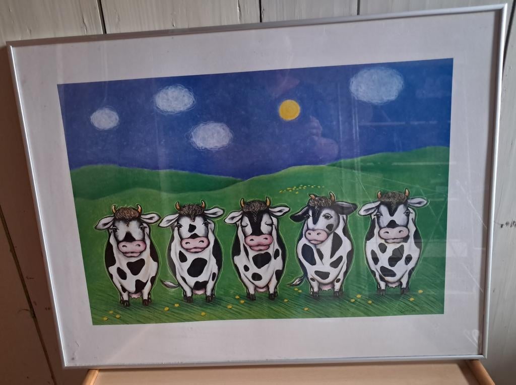 Ingelijste kunstprint: Vijf koeien in de wei, Ophalen of Verzenden