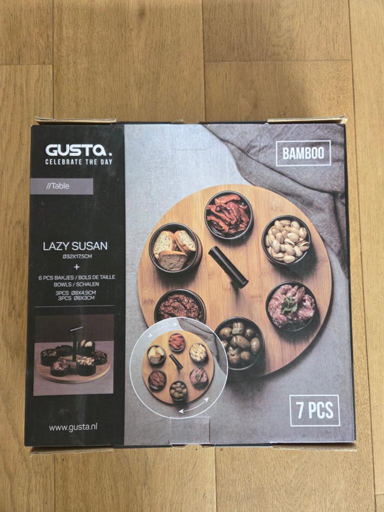 Gusta Lazy Susan Bamboe Draaiplateau met 6 Schalen, Huis en Inrichting, Ophalen, Overige typen, Hout, Nieuw