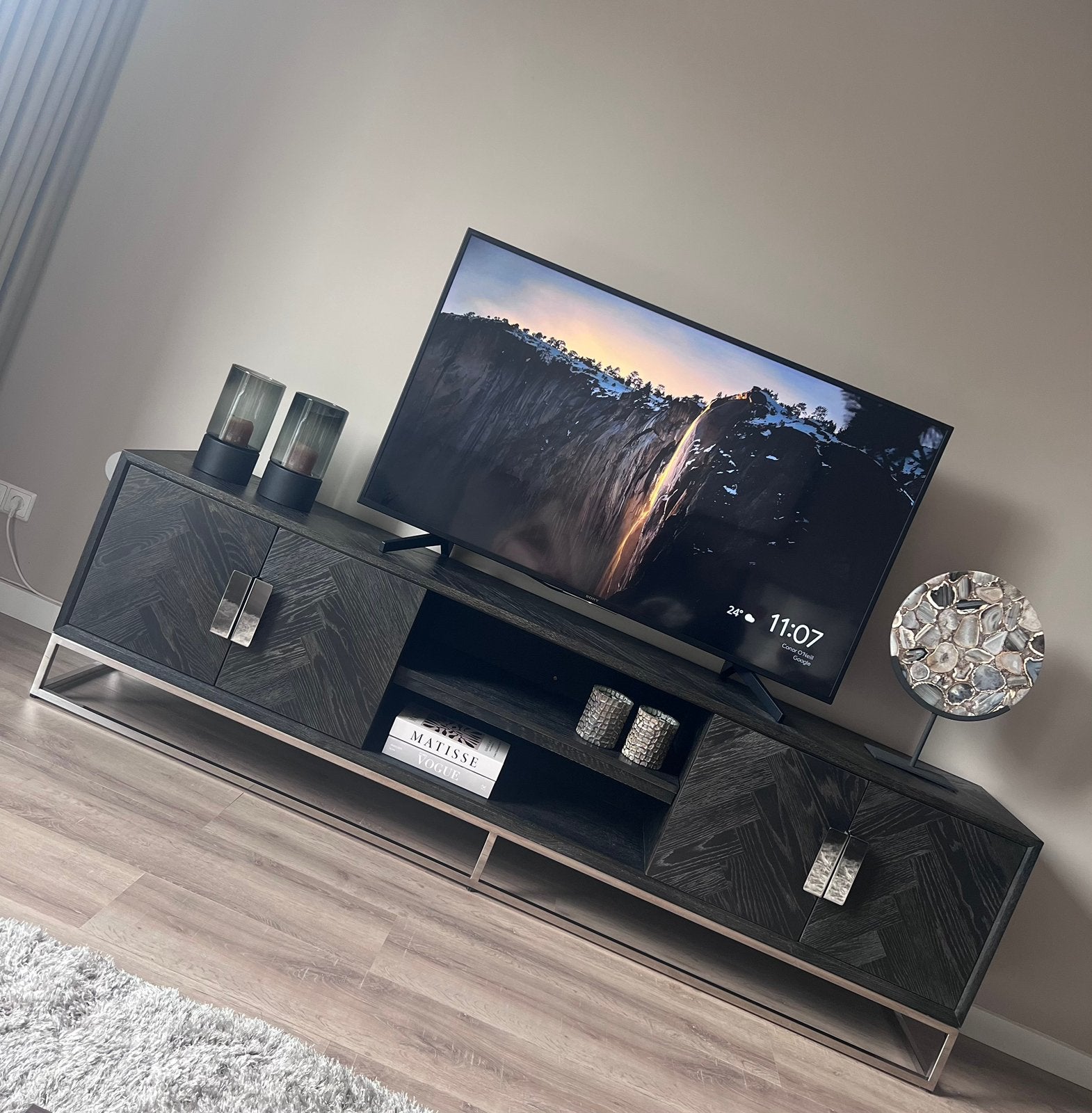 Richmond Interiors tv meubel blackbone zilver 220cm 4 deuren, Hotel Chique / Eric Kuster, Eikenhout, Ophalen of Verzenden, Zo goed als nieuw