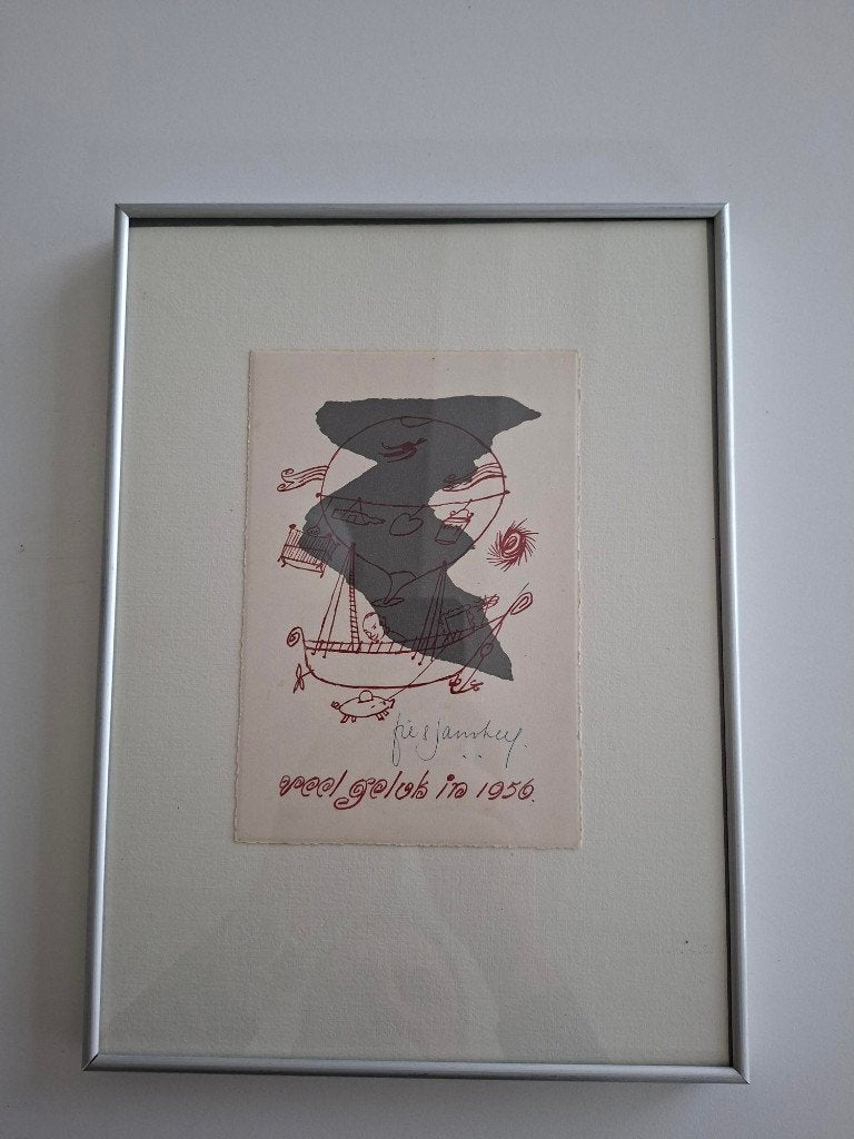 Originele litho grafiek nieuwjaarskaart Jan van Heel (1956), Antiek en Kunst, Kunst | Litho's en Zeefdrukken, Abstract, Ingelijst