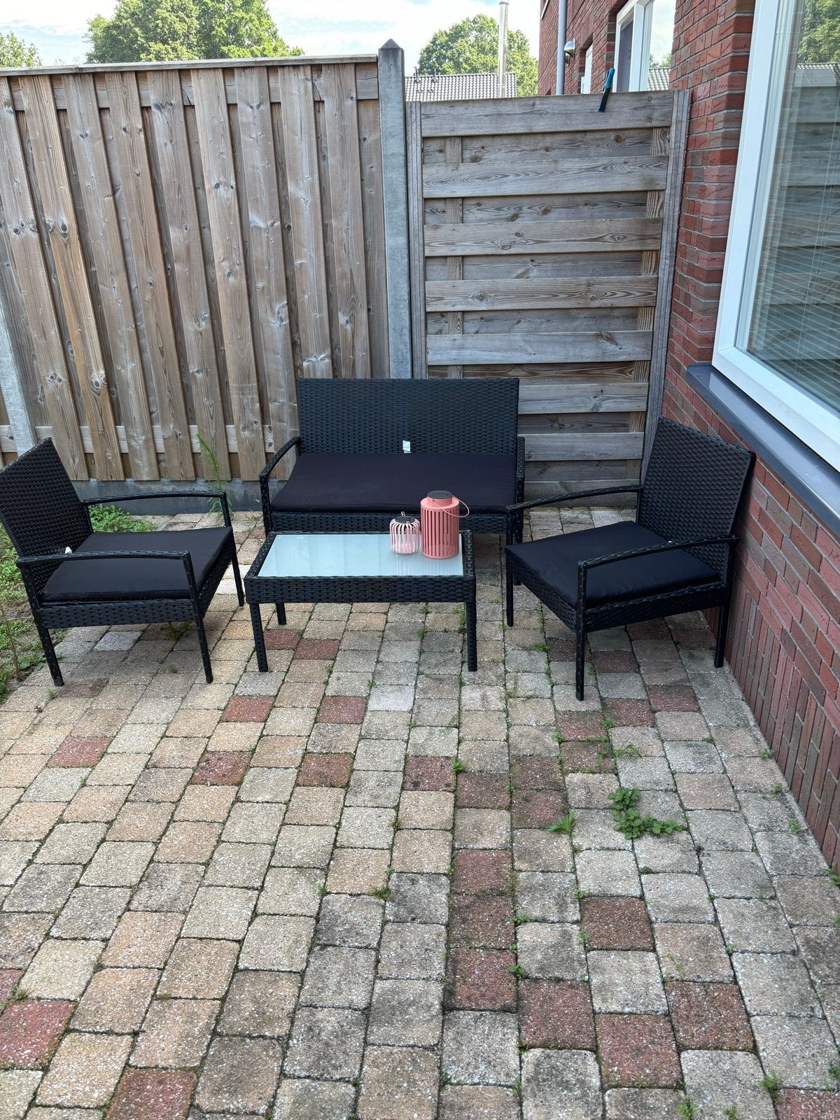 4-delig loungeset poly rattan zwart, 4 zitplaatsen, Gebruikt, Ophalen of Verzenden, Loungeset