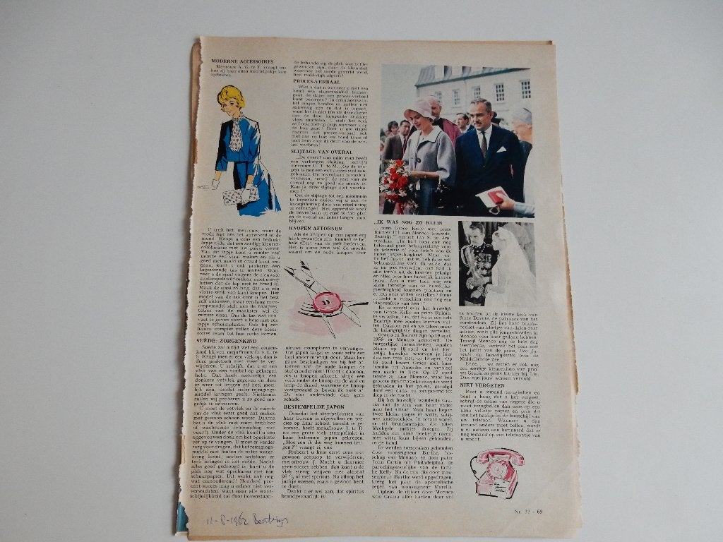 Grace Kelly/ Rainier artikel uit tijdschrift Beatrijs 1962., Ophalen of Verzenden, 1960 tot 1980, Nederland, Knipsel(s)