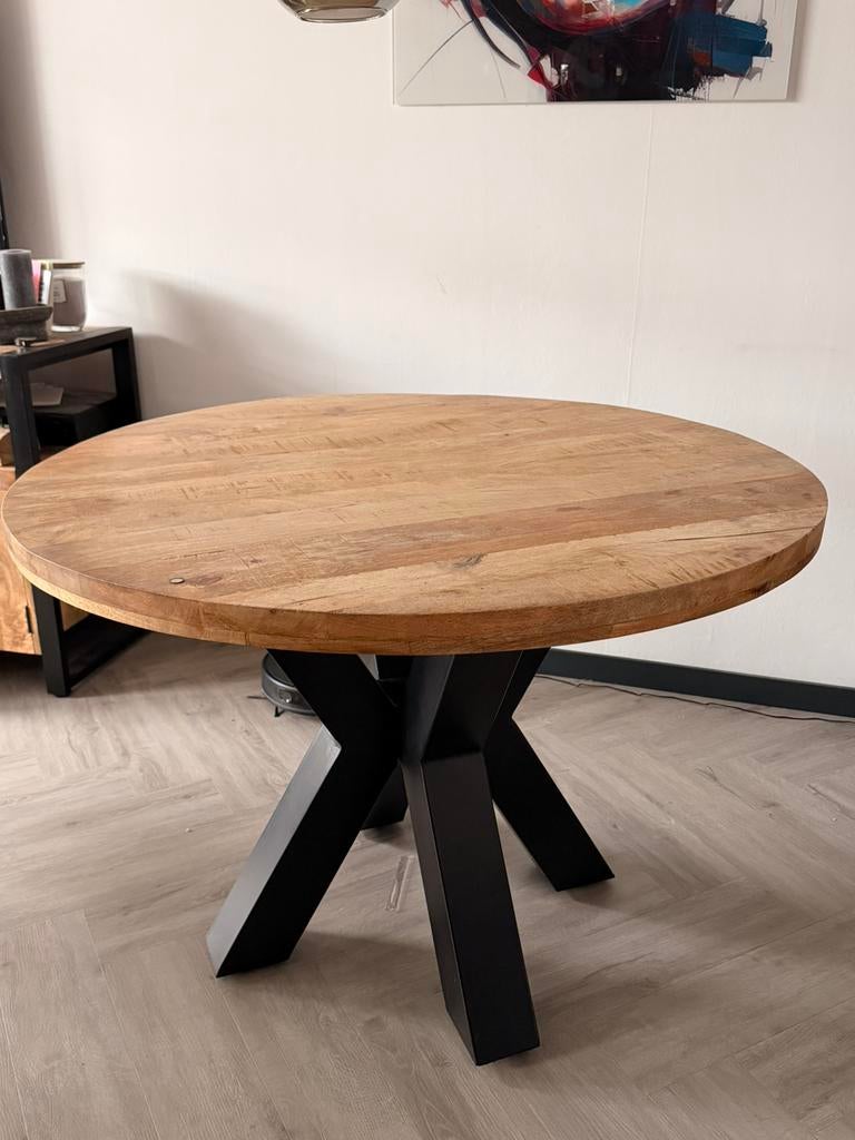 Ronde Mango houten tafel, Ophalen, 100 tot 150 cm, Rond, Zo goed als nieuw