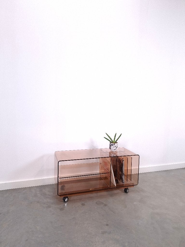 Vintage hifi, LP kast, tv meubel getint plexiglas wielen, Overige houtsoorten, Gebruikt, 100 tot 150 cm, Ophalen of Verzenden