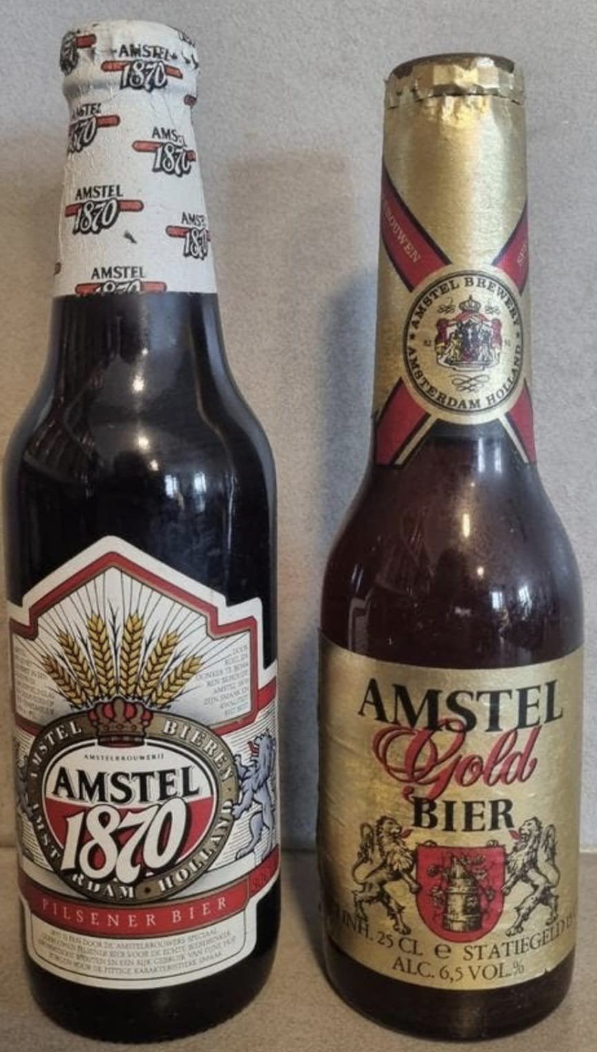 2x Amstel bier – Amstel 1870 '88 & Gold Bier ~<'82-'83, Verzamelen, Biermerken, Ophalen of Verzenden, Zo goed als nieuw, Flesje(s)