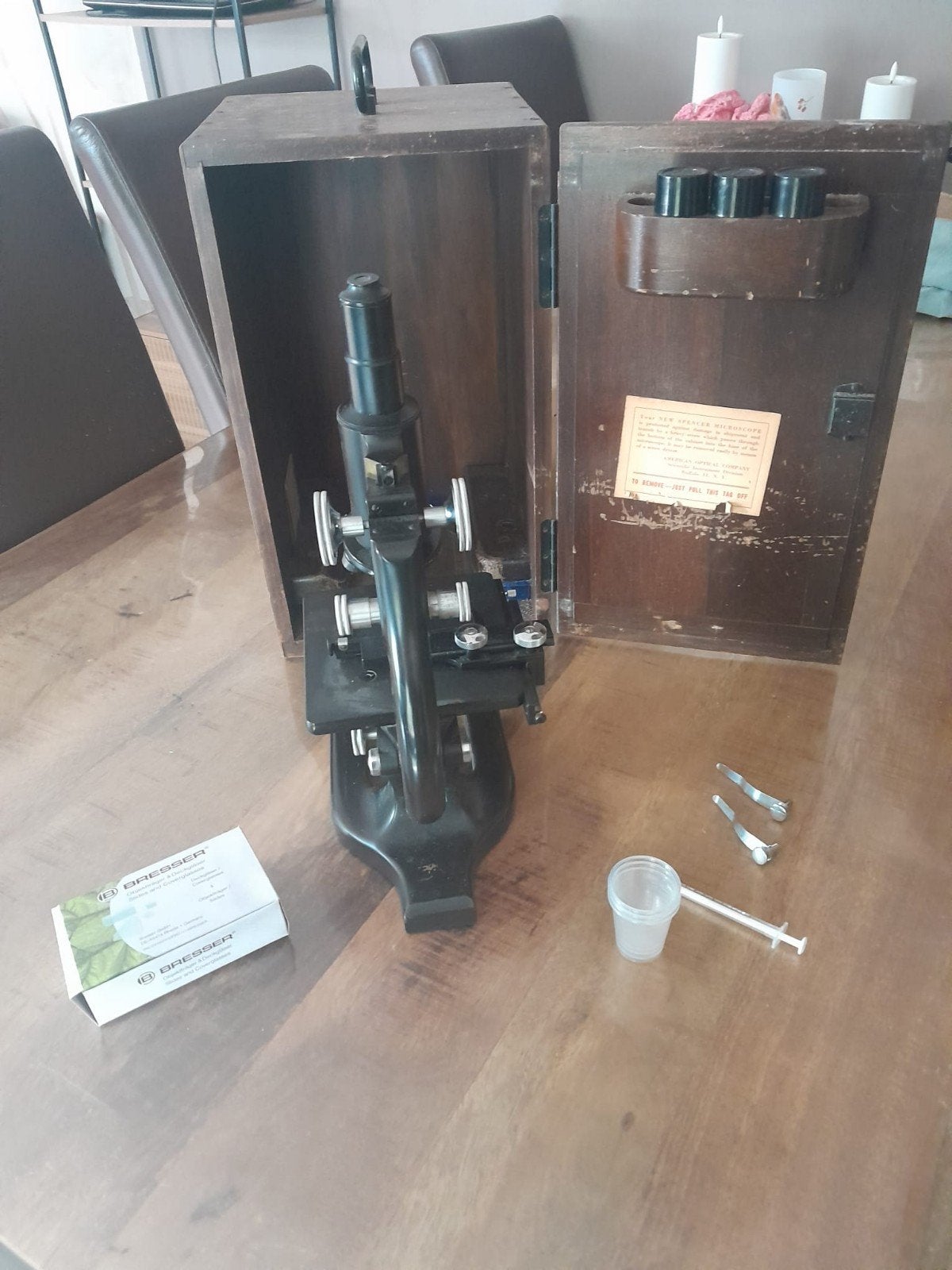 Vintage Spencer Buffalo Microscoop met Houten Kist, Verzenden, Gebruikt, 400x tot 1000x, Biologische microscoop