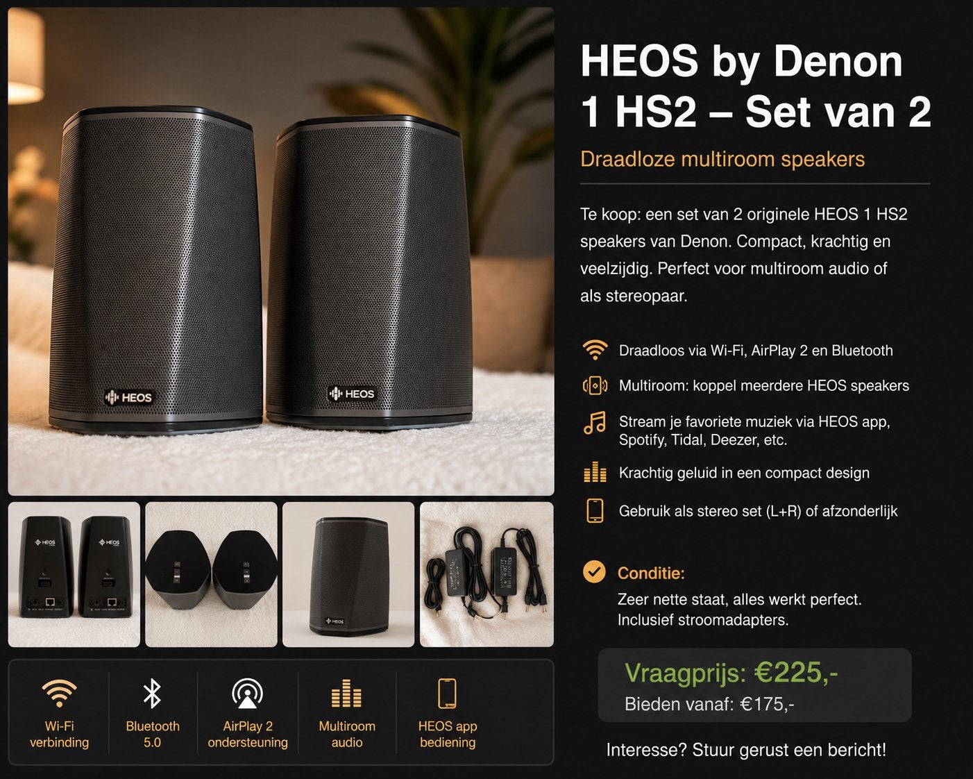 HEOS by Denon 1 HS2 - Set van 2 draadloze multiroom speakers, Ophalen of Verzenden, Zo goed als nieuw, Draagbare speaker, Bluetooth