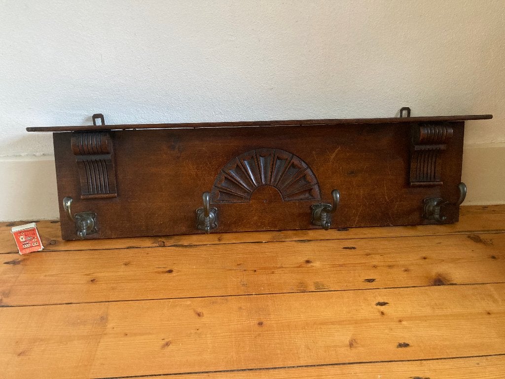 Oud houtsnijwerk houten kapstok 4 sierlijke dubbele haken, Huis en Inrichting, Woonaccessoires | Kapstokken, Wandkapstok, Gebruikt