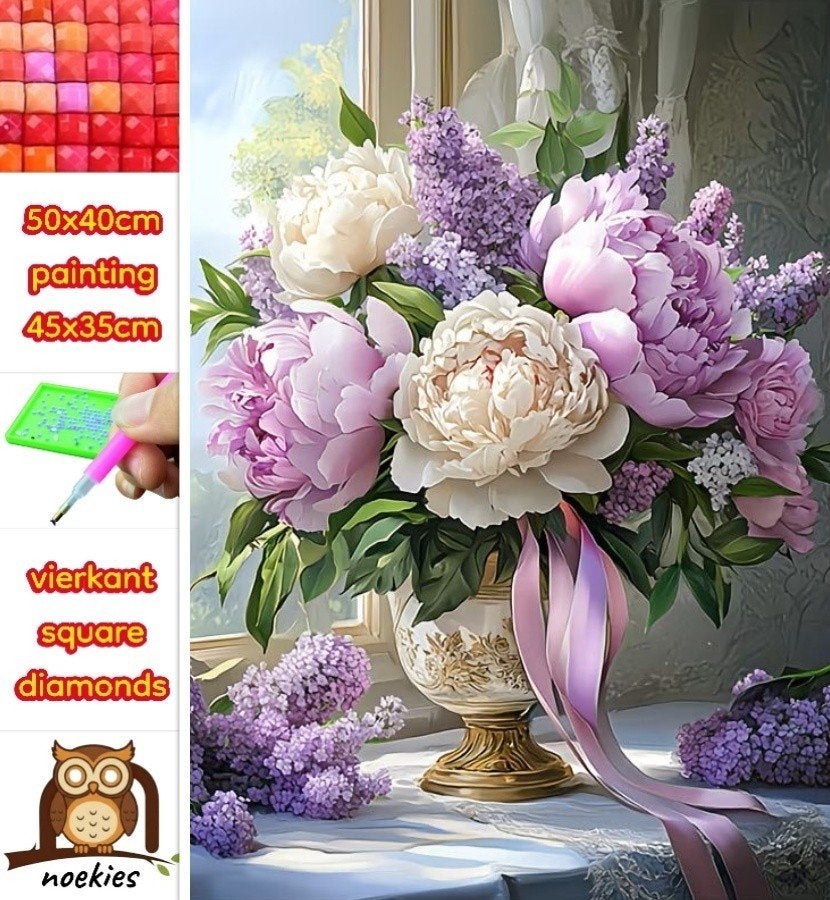 50x40cm Diamond Painting bloemen in vaas (vierkant) nr 54, Verzenden, Nieuw, Meerkleurig, Natuur en Bloemen
