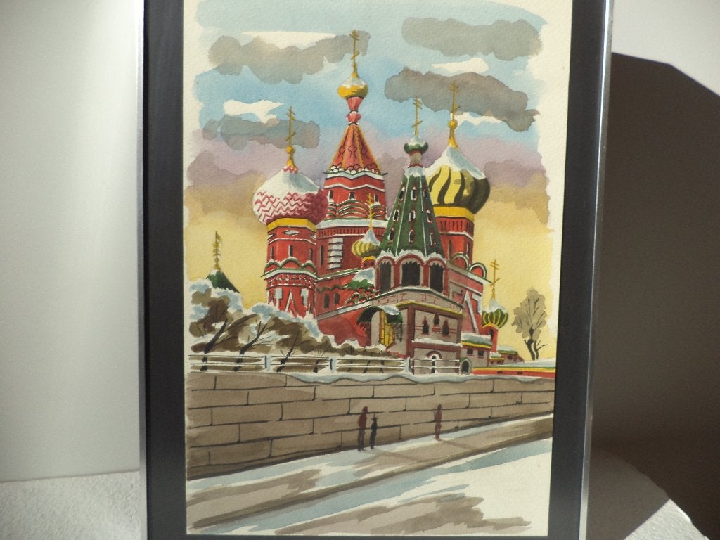 gouache akwarel Rusland Kremlin Rode plein Russia Moscou, Antiek en Kunst, Kunst | Schilderijen | Modern, Ophalen of Verzenden