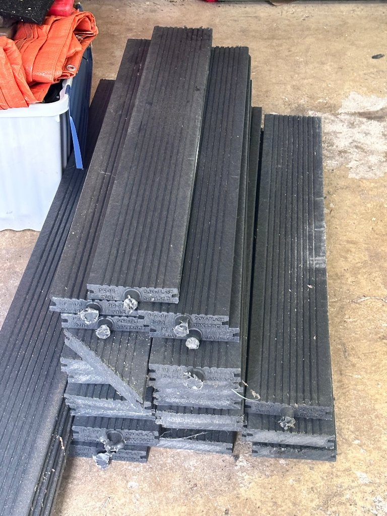 Kunstof terras planken d.grijs incl verbindingen, Ophalen, 25 tot 50 mm, Zo goed als nieuw, Plank