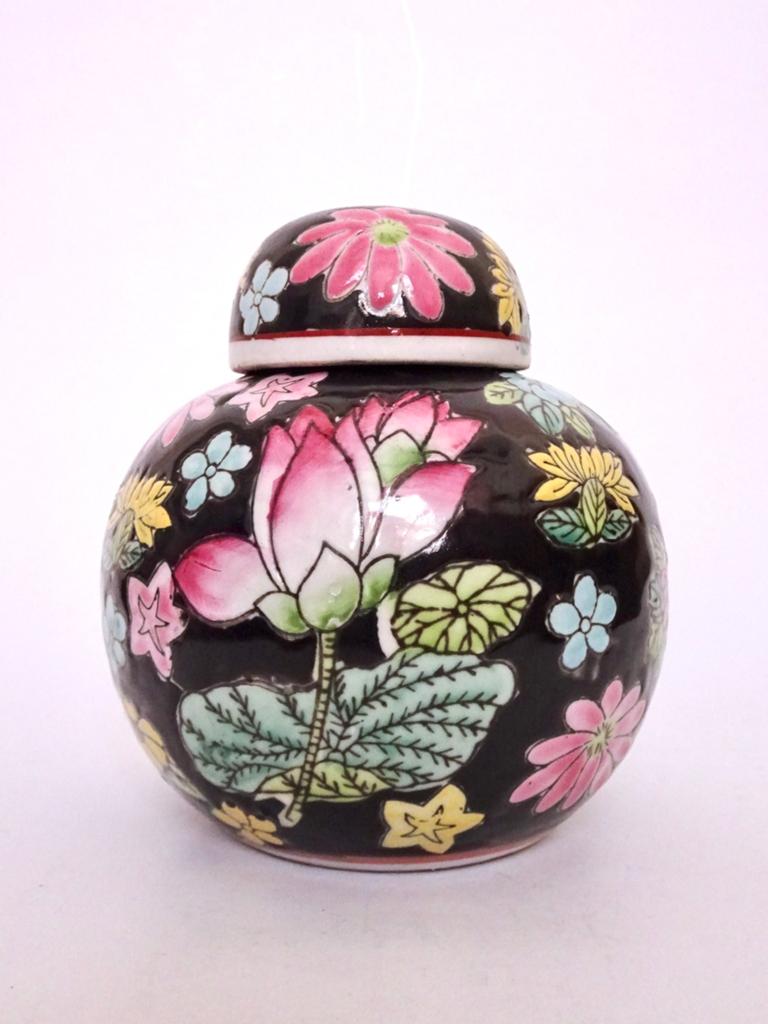 Vintage gemberpot gemberpotten gekleurd bloem bloemen zwart, Ophalen