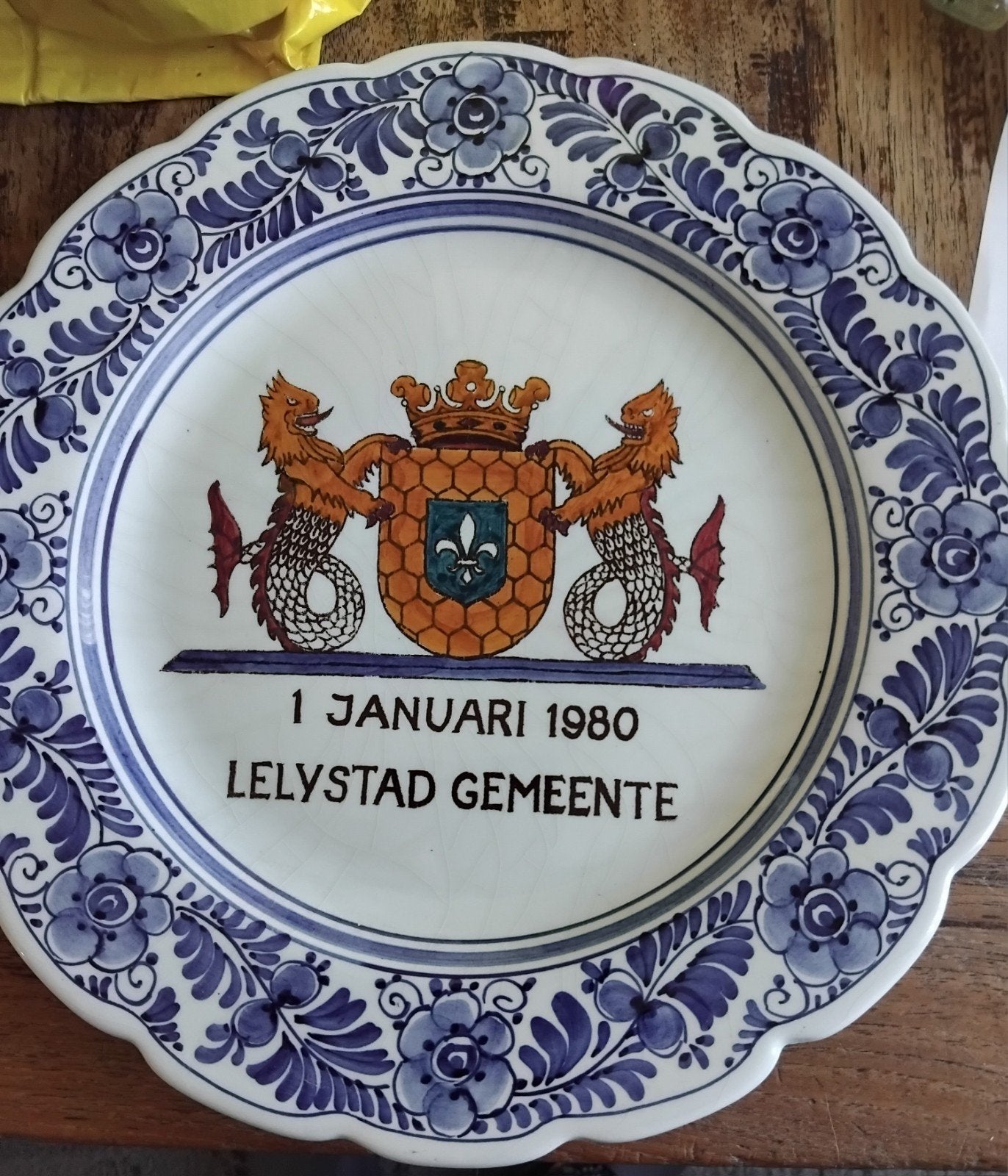 Delfts Blauw Gedenkbord Lelystad Gemeente 1980, Antiek en Kunst, Antiek | Wandborden en Tegels, Ophalen of Verzenden