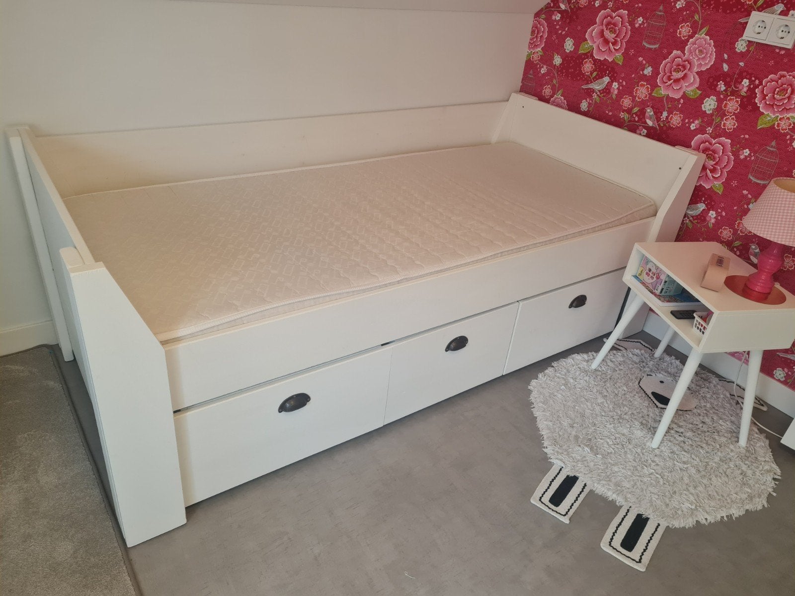 Wit eenpersoonsbed met lades, Ophalen, Gebruikt, 90 cm, Eenpersoons