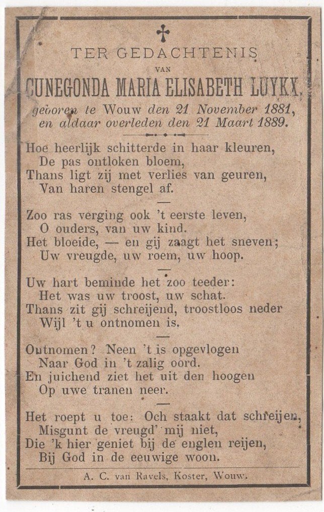 Cunegonda M.E. Luykx 1881 Wouw + 1889 Wouw, 7 jaar oud, Verzenden