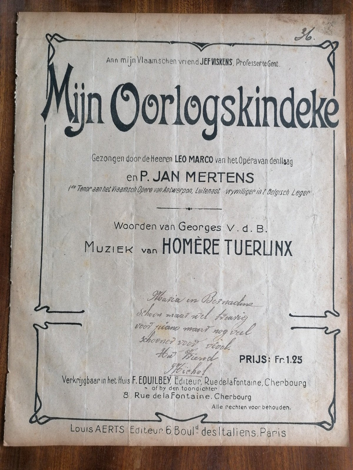 Mijn Oorlogskindeke - Homère Tuerlinx - bladmuziek, Ophalen of Verzenden, Gebruikt, Artiest of Componist