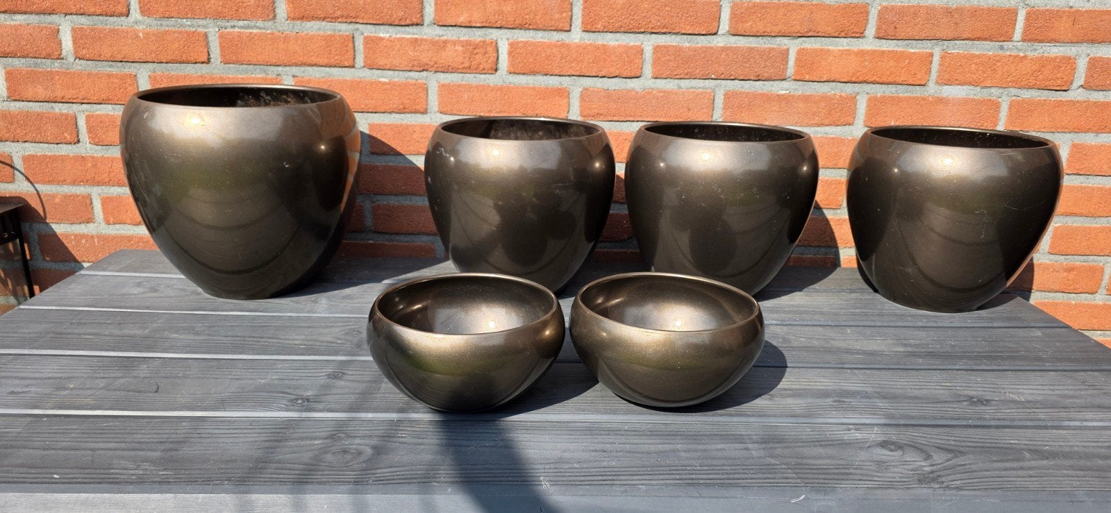 Set van 6 brons kleurige bloempotten, Tuin en Terras, Gebruikt, Rond, Binnen, Minder dan 40 cm