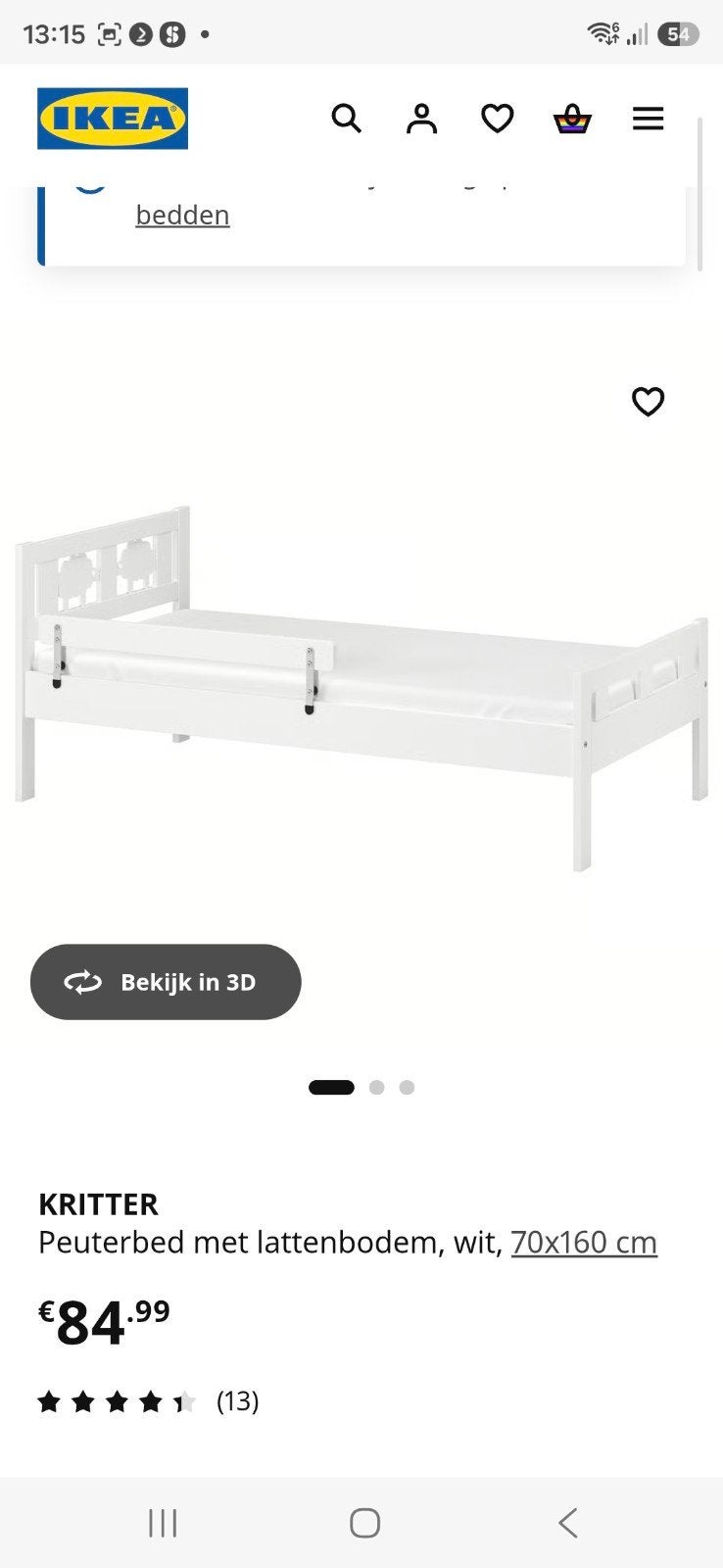 IKEA KRITTER Peuterbed met matras en lattenbodem (70x160 cm), Lattenbodem, Gebruikt, 70 tot 85 cm, Ophalen of Verzenden
